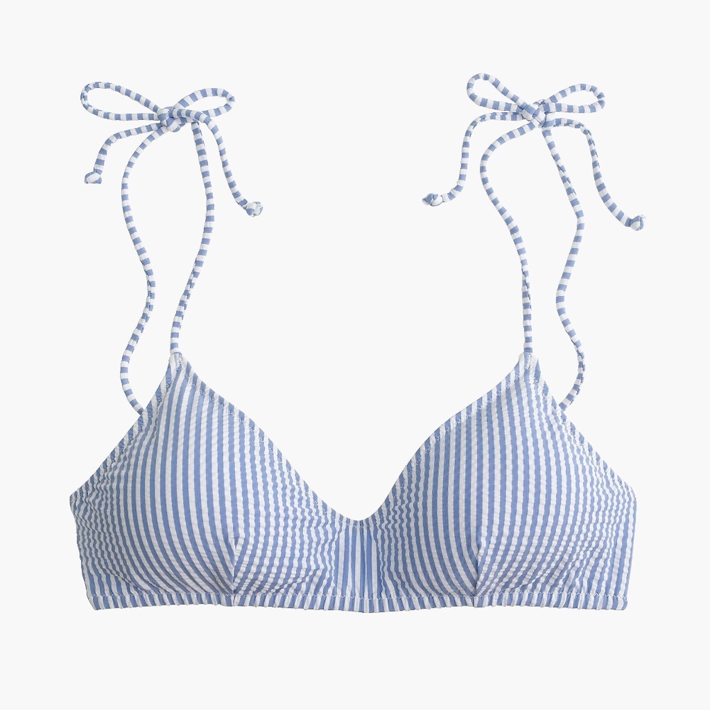 ✨NWT✨ J. Crew Shoulder Tie French Bikini Top in Seersucker Blue White Stripe SM